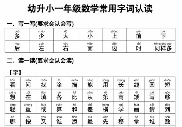 幼升小一年级数学常用字词认读，5页PDF电子版-优学盒子