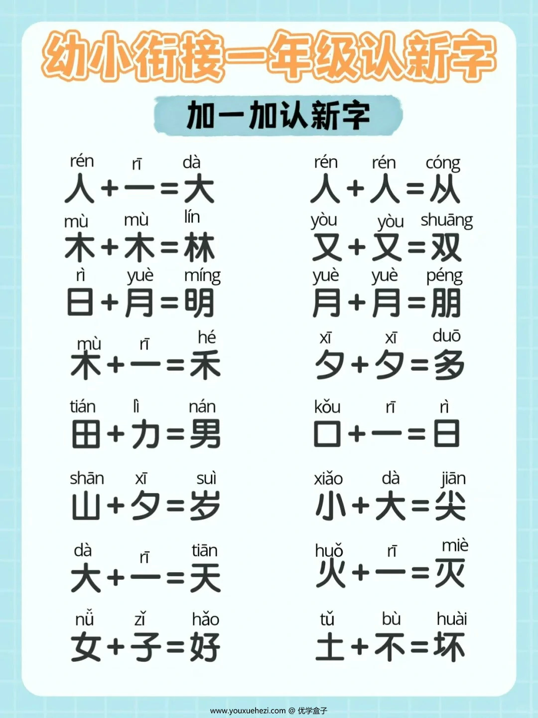 图片[1]-幼小衔接一年级减一减加一加认汉字，5页PDF电子版-优学盒子