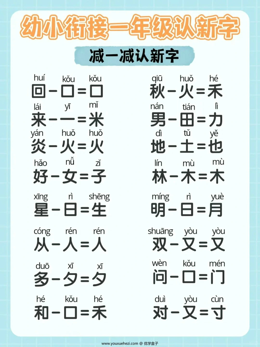 图片[2]-幼小衔接一年级减一减加一加认汉字，5页PDF电子版-优学盒子