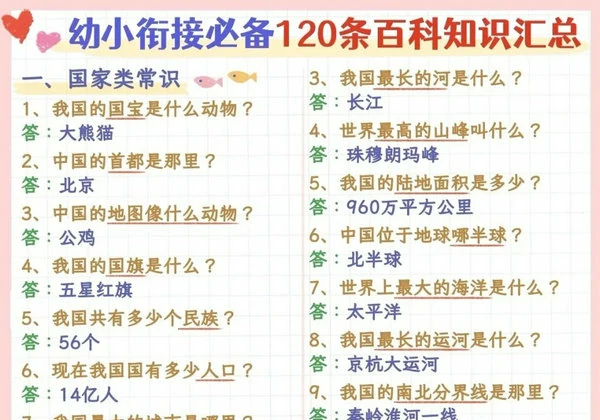 幼小衔接必备120条百科知识汇总，4页PDF电子版-优学盒子