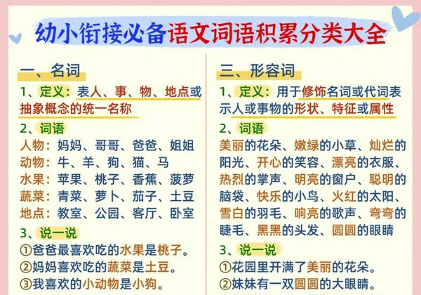 幼小衔接必备语文词语积累分类大全，2页PDF可打印-优学盒子
