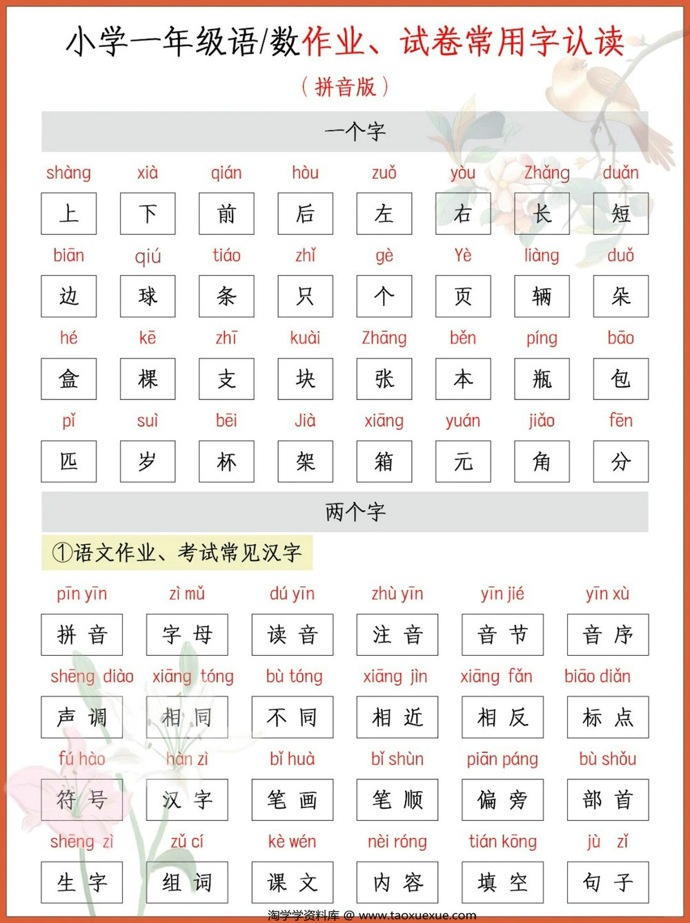 图片[1]-小学一年级语文数学作业、试卷常用字认读[修正版]，5页PDF可打印-优学盒子