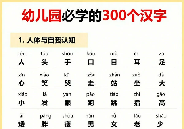 幼儿园必学的300个汉字，6页PDF电子版-优学盒子